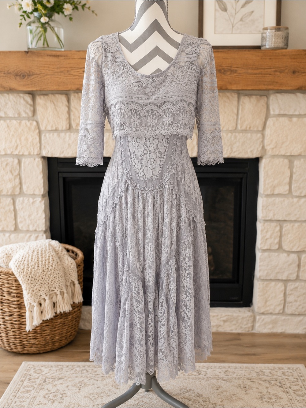 Free People Gray Lace Boho Midi Maxi Dress SIZE XS